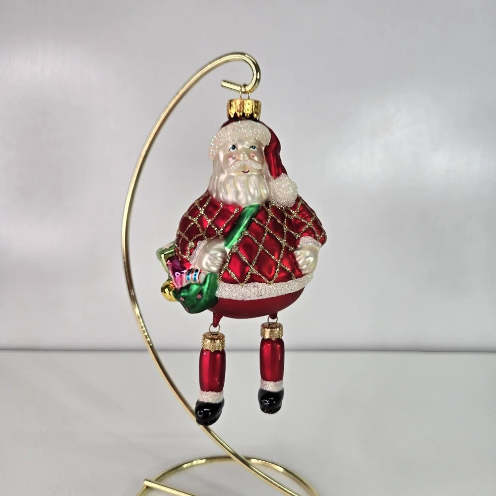VTG Blown Glass Santa Hanging Ornament With Dangling Legs Toy Sack and Tree